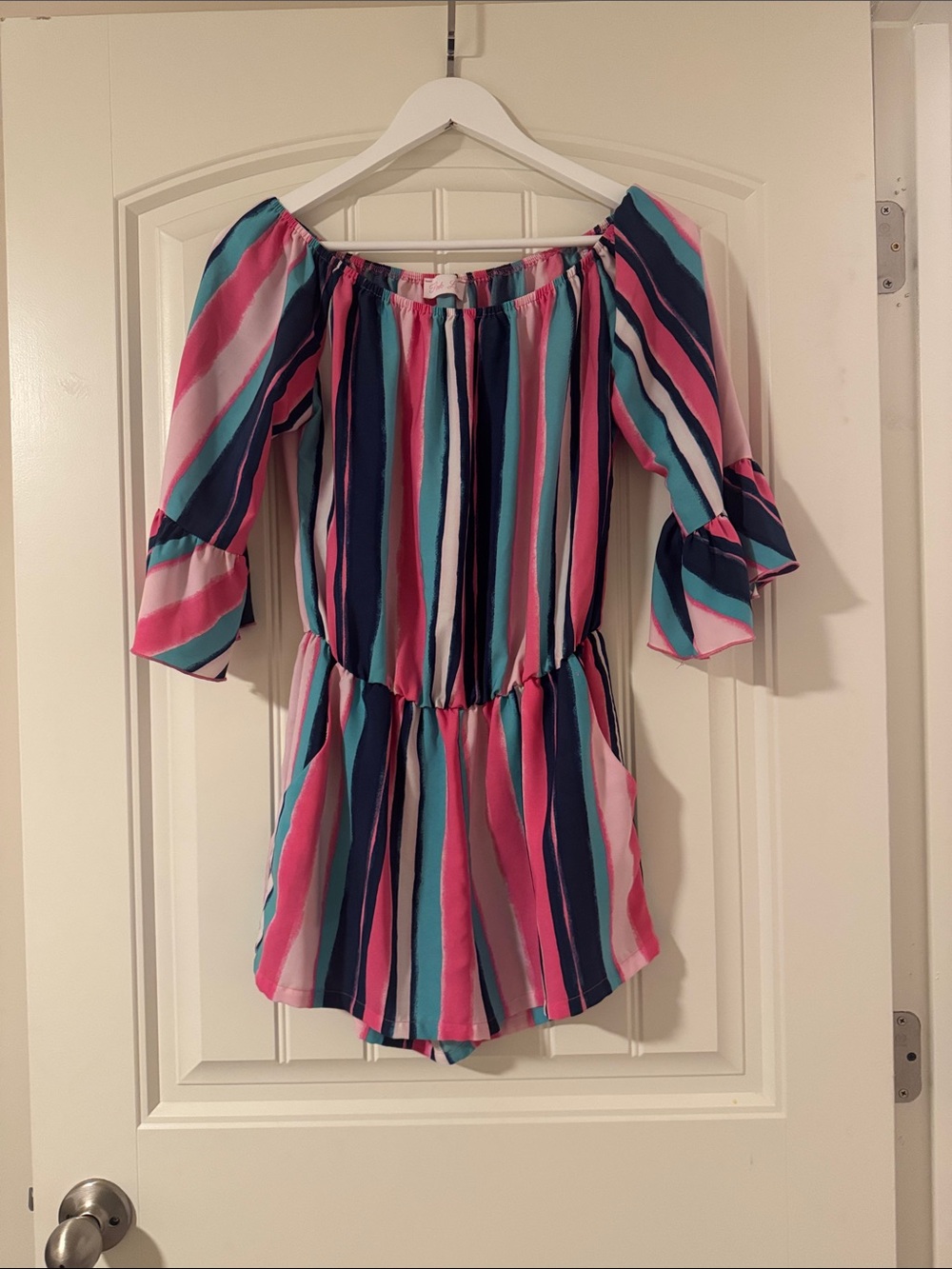 Pink Lily Striped Off-Shoulder Romper in Pink, Blue & Teal